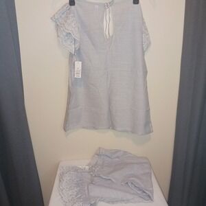 No Boundaries Blue White Stripe Top Ruffle Eyelet Sleeve pajama set capri pant M
